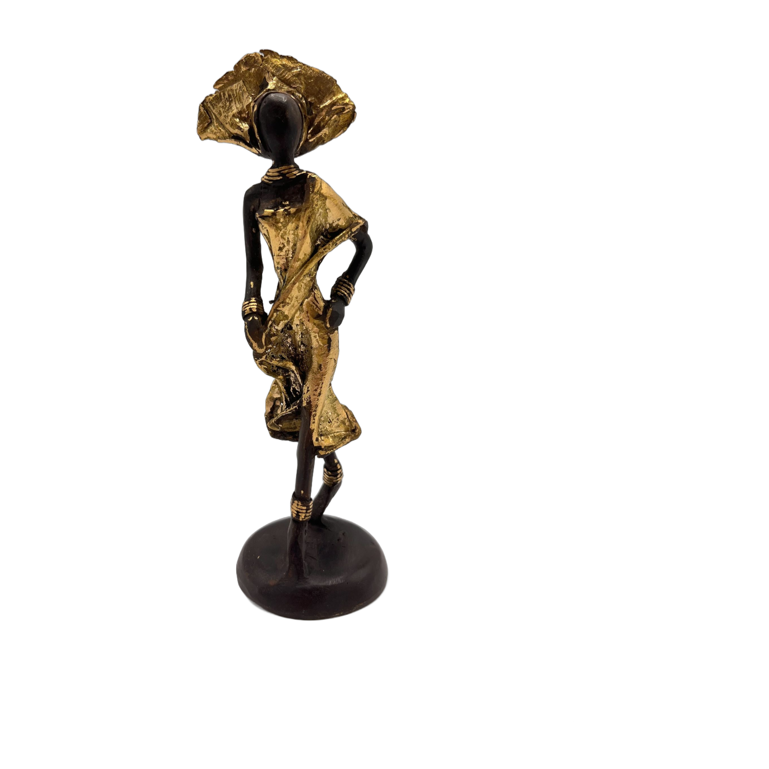 African Gold Statue of Lady with Hand on Hip
