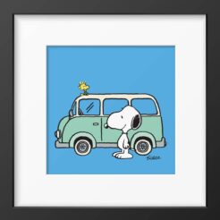 Snoopy leaning against a mint green camper van with Woodstock on the roof, blue background, framed Peanuts print