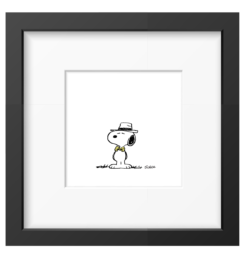 Snoopy wearing a hat and a yellow bow tie, framed black and white Peanuts print in a black frame