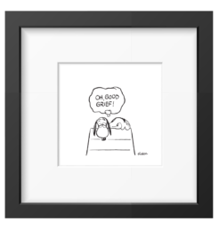 Snoopy lying over his doghouse with a thought bubble reading Oh good grief, framed black and white Peanuts print