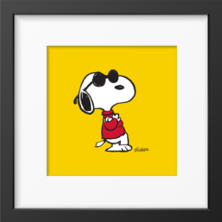 Snoopy as Joe Cool with black sunglasses and a red shirt against a yellow background, framed Peanuts print