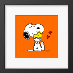 Snoopy hugging Woodstock with two red hearts beside them against an orange background, framed Peanuts print