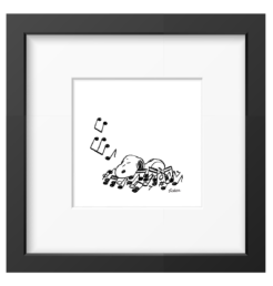 Snoopy asleep on a bed of musical notes, framed black and white Peanuts print in a black frame