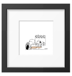 Schroeder playing the piano while Snoopy leans over it, with musical notes above, framed Peanuts print