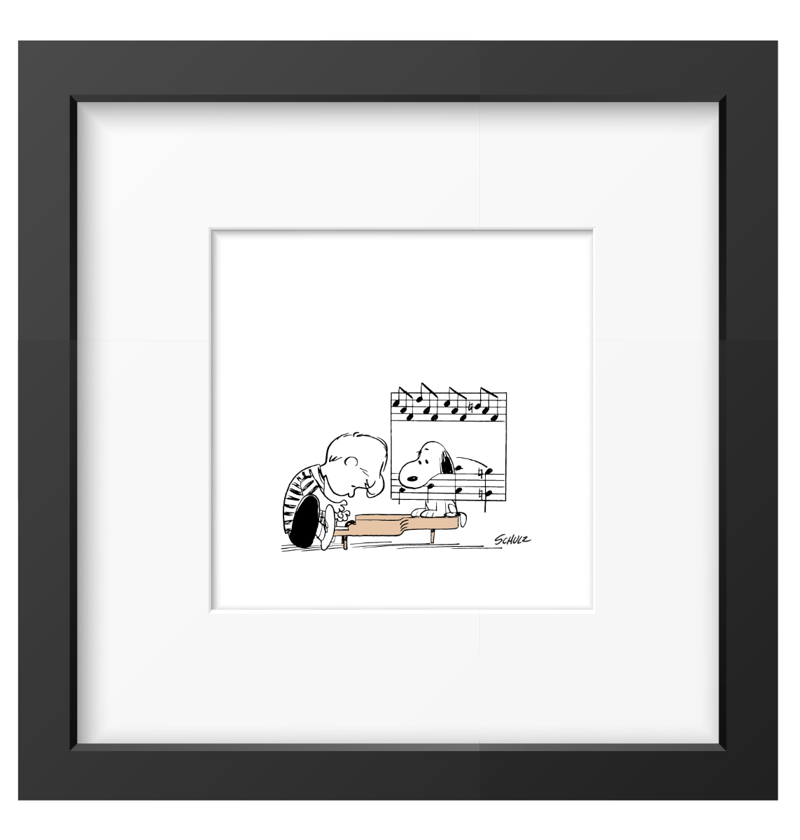 Schroeder playing the piano while Snoopy leans over it, with musical notes above, framed Peanuts print