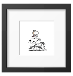 Snoopy as the Flying Ace with helmet and scarf on top of his bullet riddled doghouse, framed black and white Peanuts print