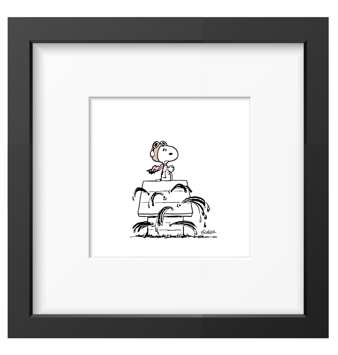Snoopy as the Flying Ace with helmet and scarf on top of his bullet riddled doghouse, framed black and white Peanuts print