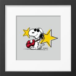 Snoopy wearing black sunglasses playing a red guitar in front of two yellow stars on a grey background, framed Peanuts print
