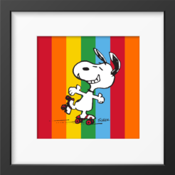 Snoopy on red roller skates against a background of red, orange, yellow, green and blue stripes, framed Peanuts print