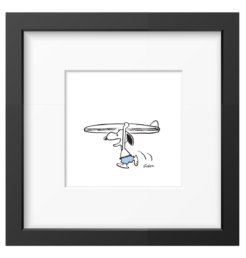 Snoopy carrying a surfboard on his head and wearing blue swimming trunks, framed Peanuts print in a black frame